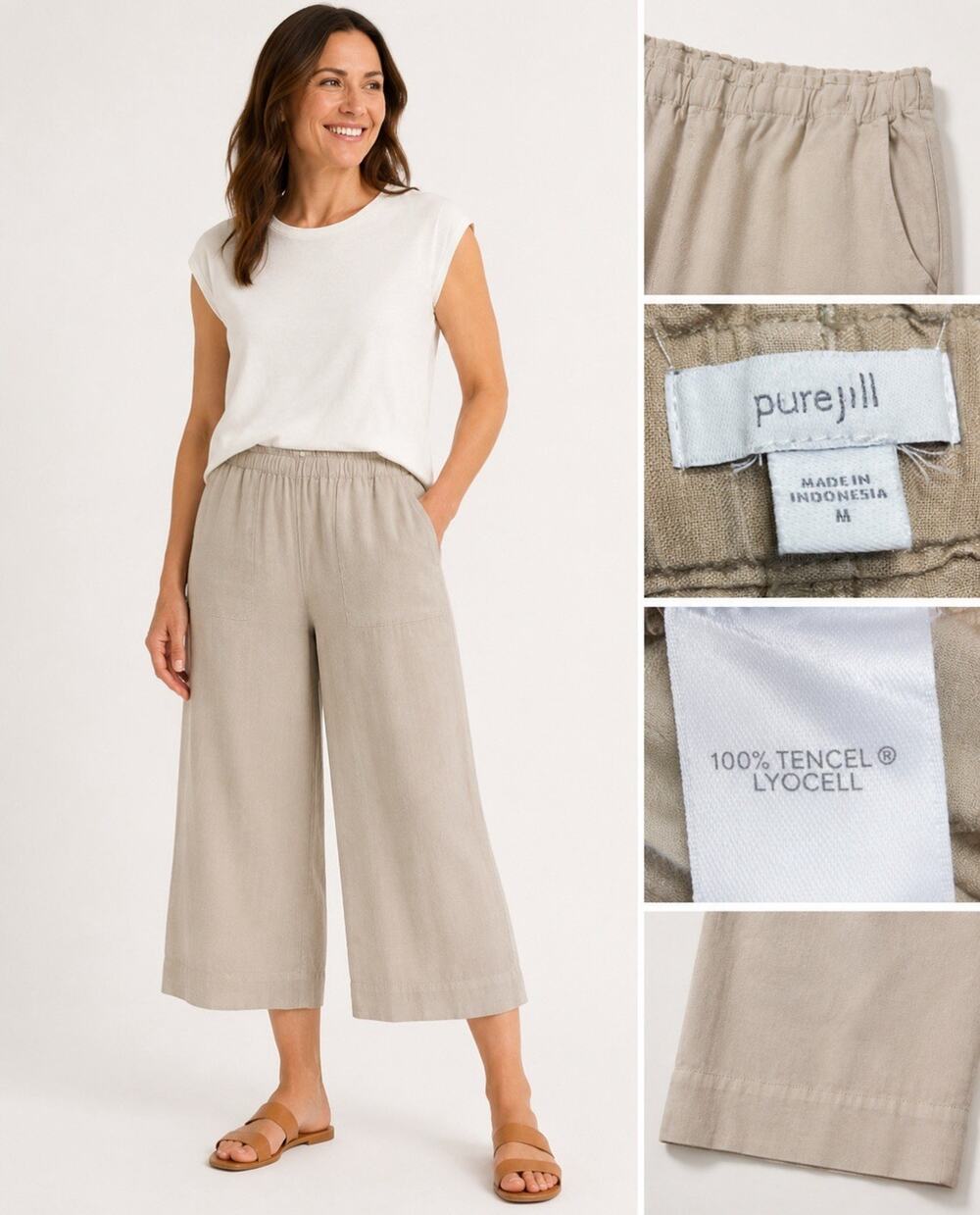 Coastal Beachy Relaxed Pure Jill Wide Leg Cropped Pants Size M Tencel Tan Flowy